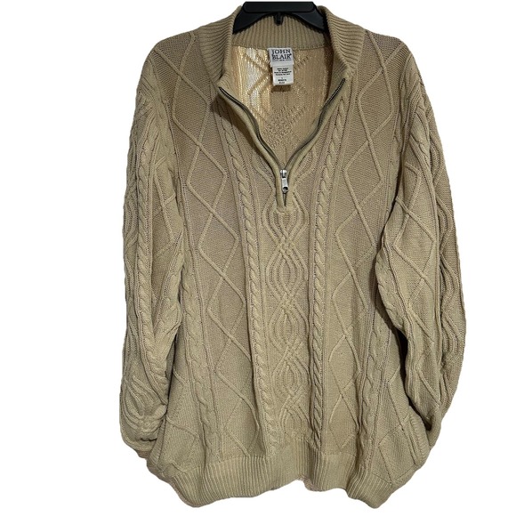 VINTAGE John Blair Cable Knit 3/4 Zip Mens L Tall Ivory Sweater 90 Pockets - Picture 3 of 8